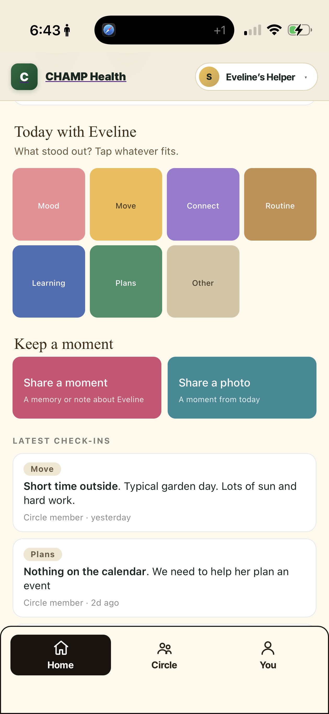 Helper view showing today with Eveline and latest check-ins