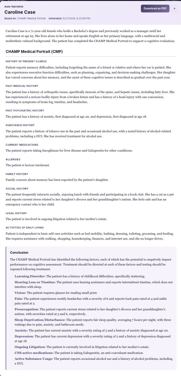 An auto-written clinical narrative summarizing the patient’s history and findings
