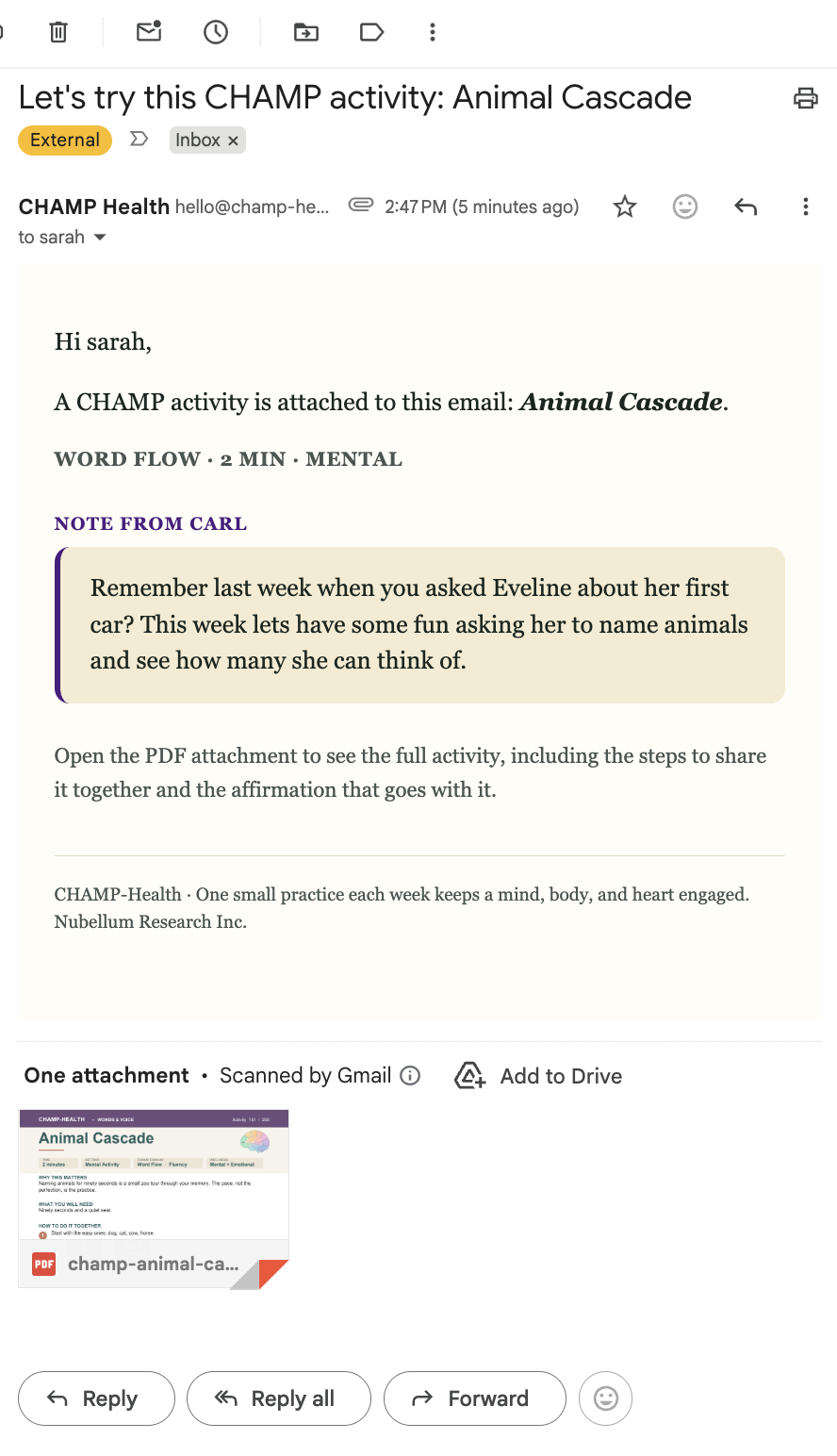 A CHAMP activity emailed to the family: one easy, research-backed thing to do together today